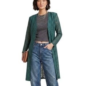 Vtg 90s Lace Overlay Long Jacket 12P Teal Green Floral Sheer Fairy Grunge